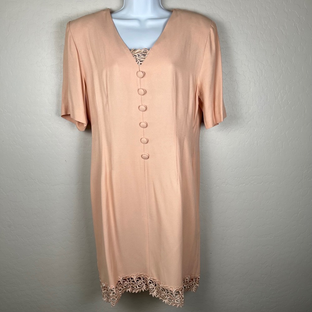 VTG 90's D.J. Summers Vintage Pink Lace Trim Button Front Dress Size‎ 12